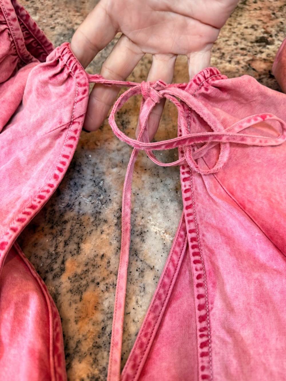 Free People Pink Babydoll Mini Dress Puff Sleeve Boho Acid Wash Size Large - Picture 10 of 11